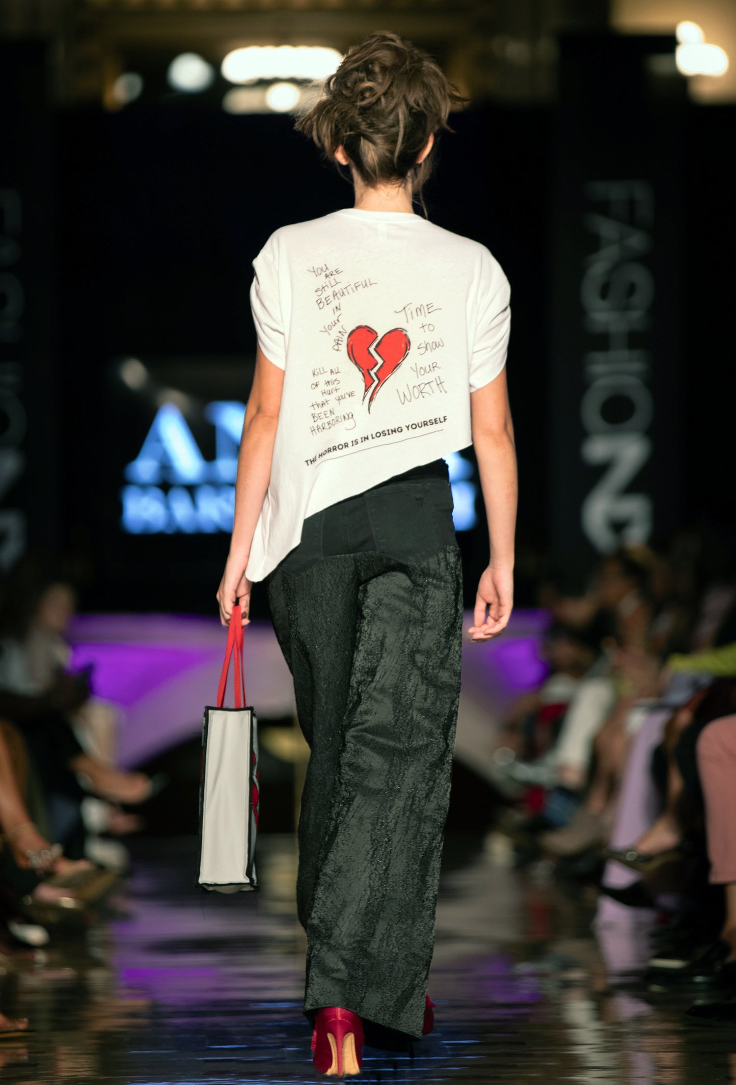 Black Textured Wide Leg Pants with Recycled Denim Waist