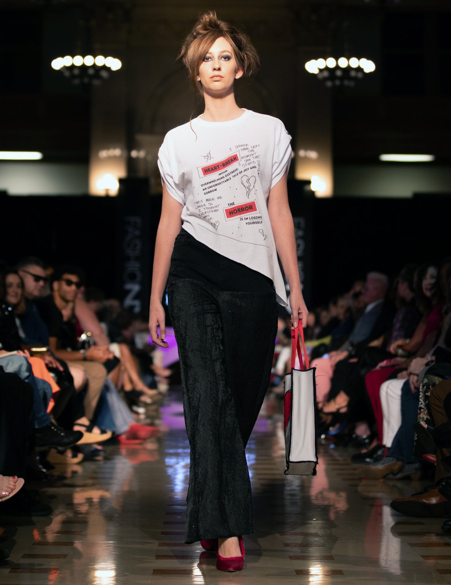 Black Textured Wide Leg Pants with Recycled Denim Waist