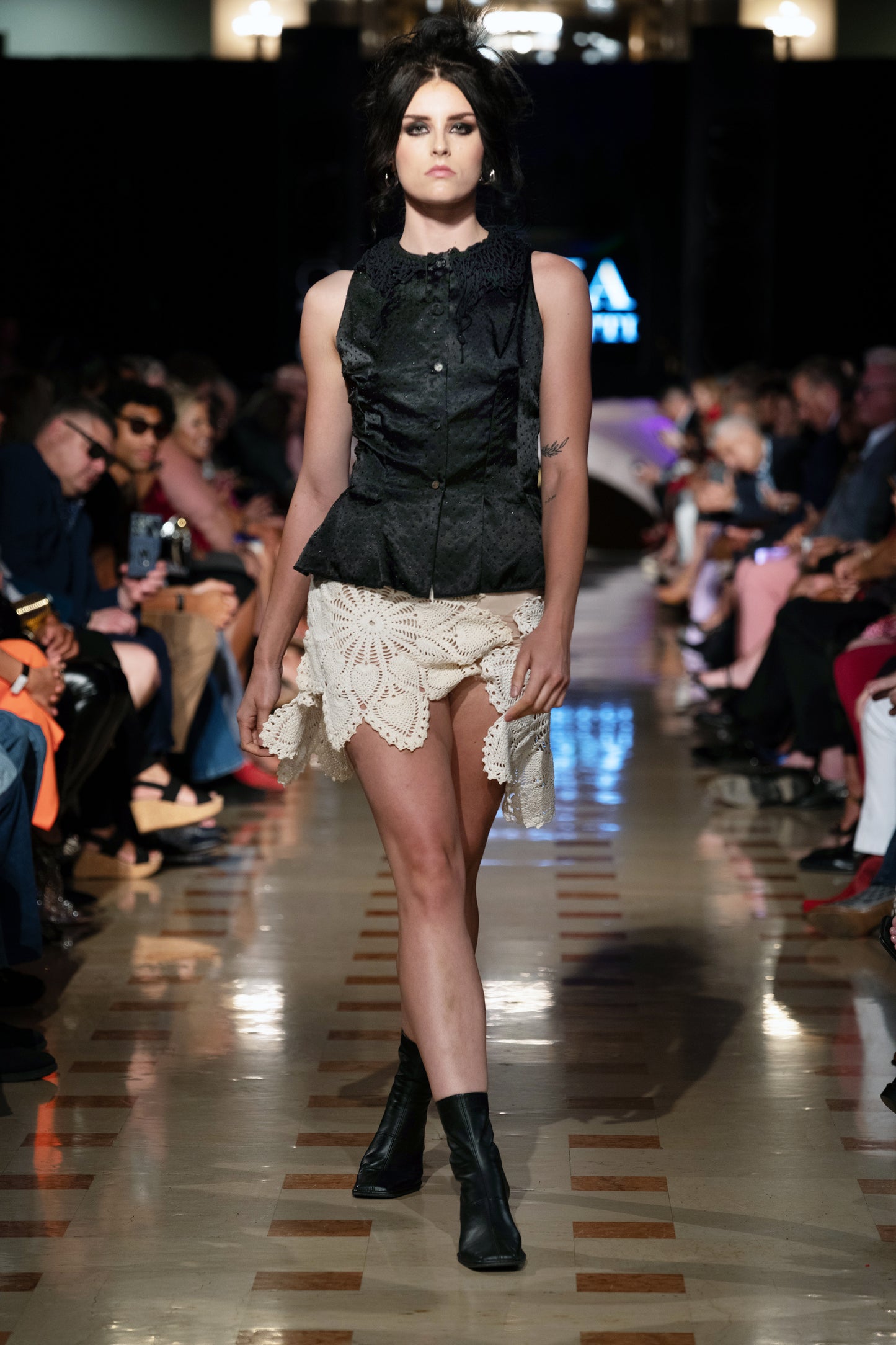 Black Textured Top With Hand Knit Whimsical Collar and Vintage Buttons