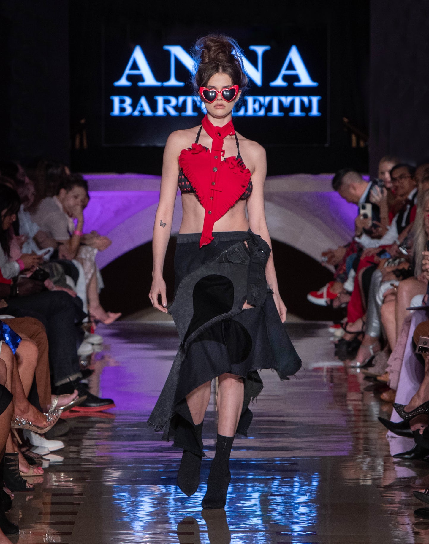 Recycled Denim Skirt with Black Velvet Broken Heart