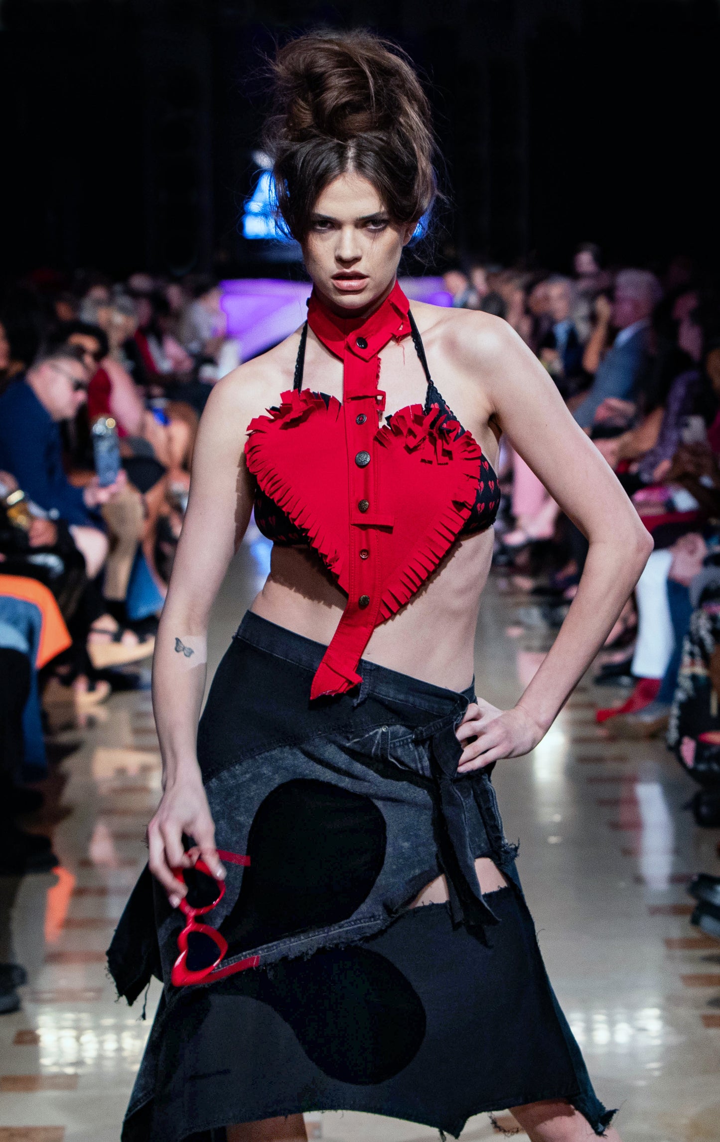 Recycled Denim Skirt with Black Velvet Broken Heart