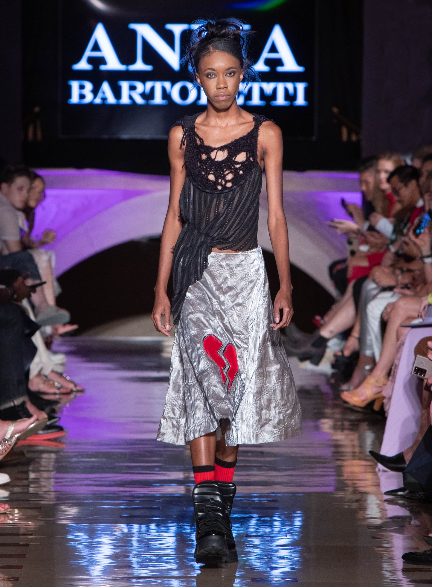 Silver Textured Skirt with Embroidered Velvet Broken Heart