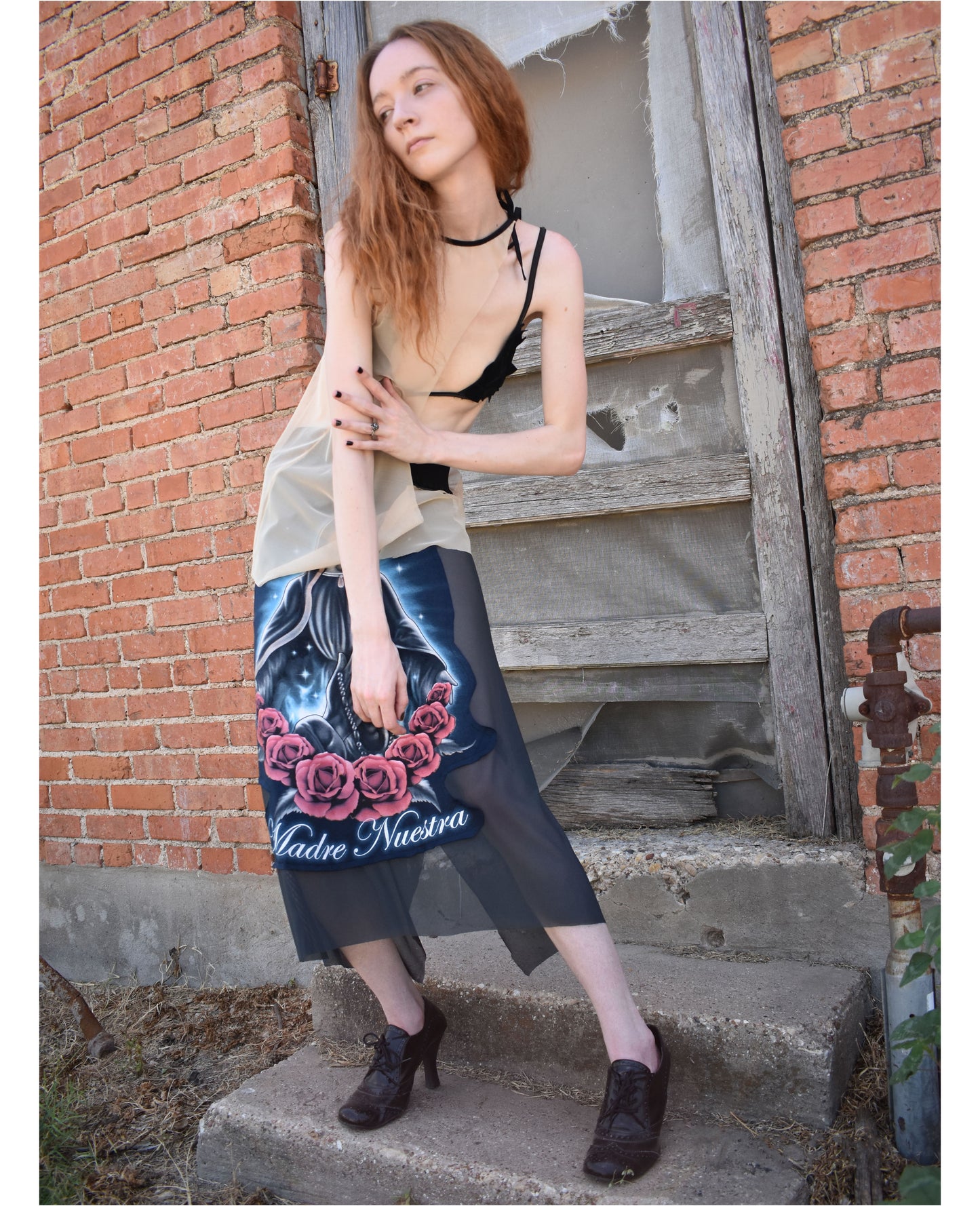 Sheer Asymmetrical Top with Velvet Trim